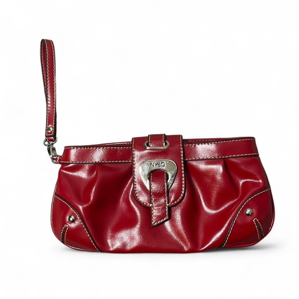 Red leather clutch handbag with silver hardware